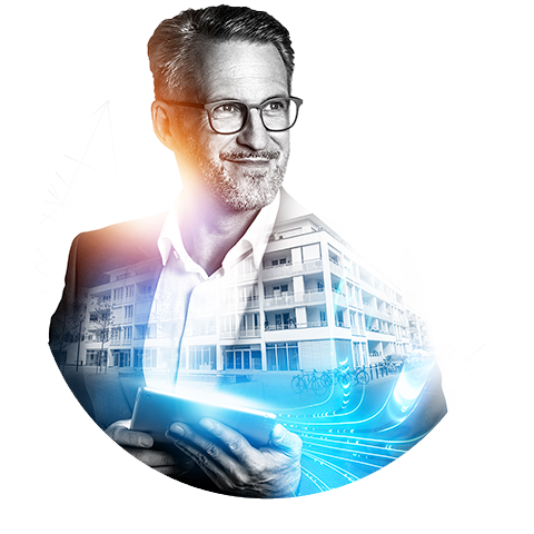 Business-Mann arbeitet zufrieden am iPad