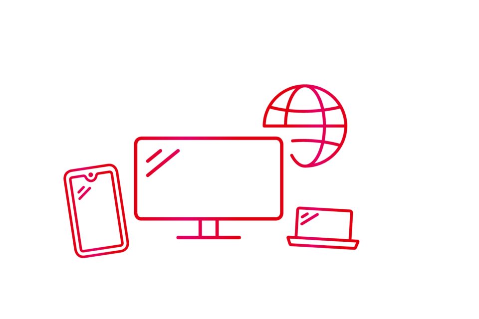 Illustration von einem Bildschirm, einem Laptop und einem Smartphone
